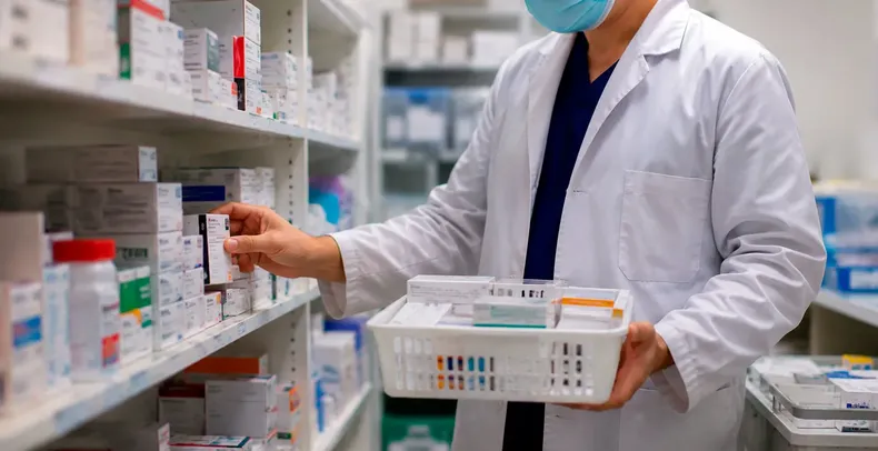 Personal del IMSS realiza labores de surtimiento y distribución de medicamentos en hospitales y clínicas de Michoacán para atender el abasto de recetas médicas.